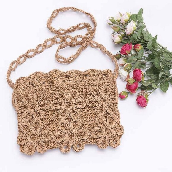 Faux Straw Handmade Flower Crossbody Bag - Picture 1 of 4